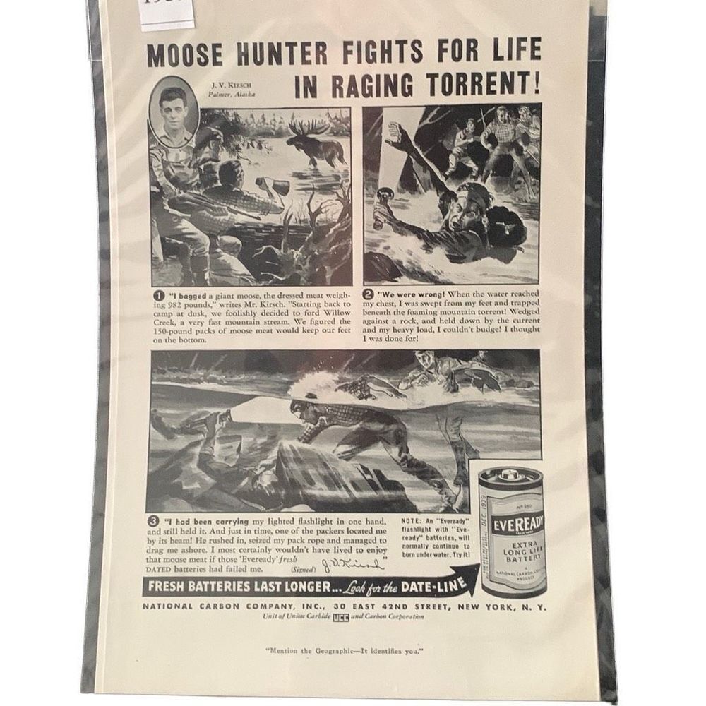 Vintage 1929 Eveready Battery Moose Hunter Fights for Life Ad Advertisement